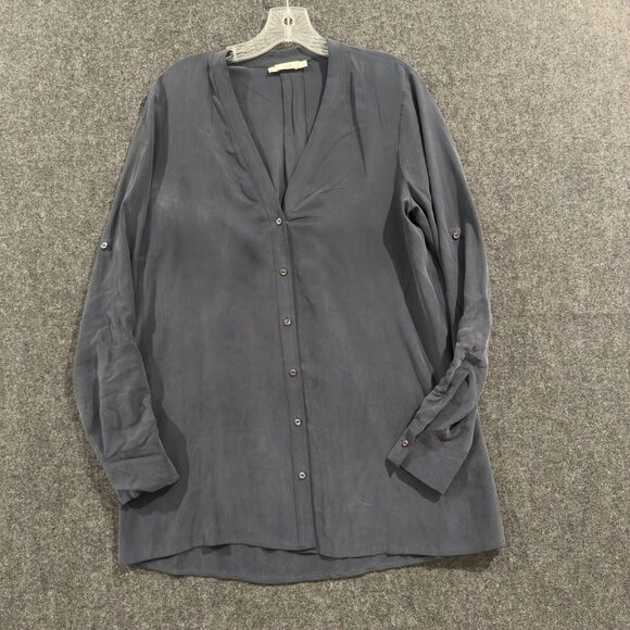 Vince Shirt Womens Small Navy Blue Silk Button Front Tunic Blouse Long Sleeve - Picture 1 of 9